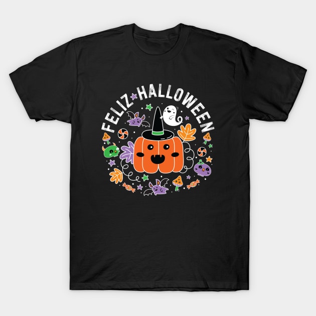 Feliz Halloween Cute Kawaii Pumpkin, Ghost, Vampire Bat, Mushroom T-Shirt by August Design